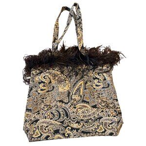 CBK Brown & Gold Ostrich Feather Paisley Tapestry Brocade Lined Bag Purse Tote